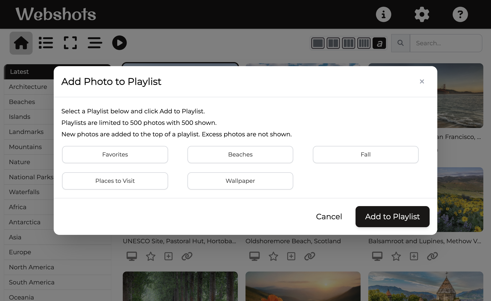 If you have several photos selected (Shift-click or Ctrl/Cmd-click to multi-select), Add to Playlist will add all of them at once.