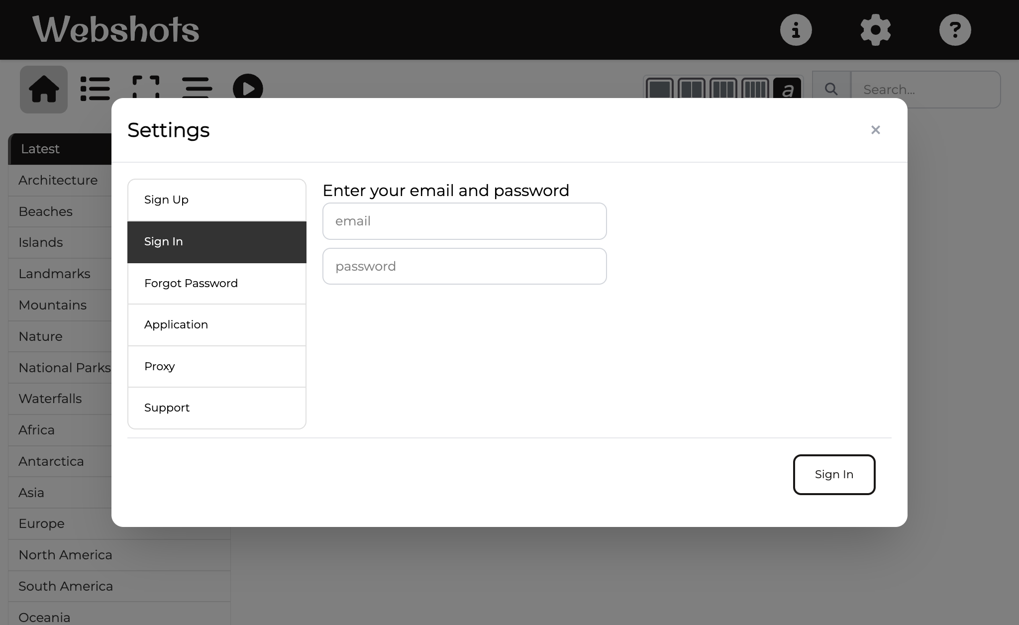 A Settings dialog opens with Sign Up and Sign In tabs in the sidebar. Click "Sign Up" if you don't have a Webshots account yet, or "Sign In" if you do, then enter your email and password.