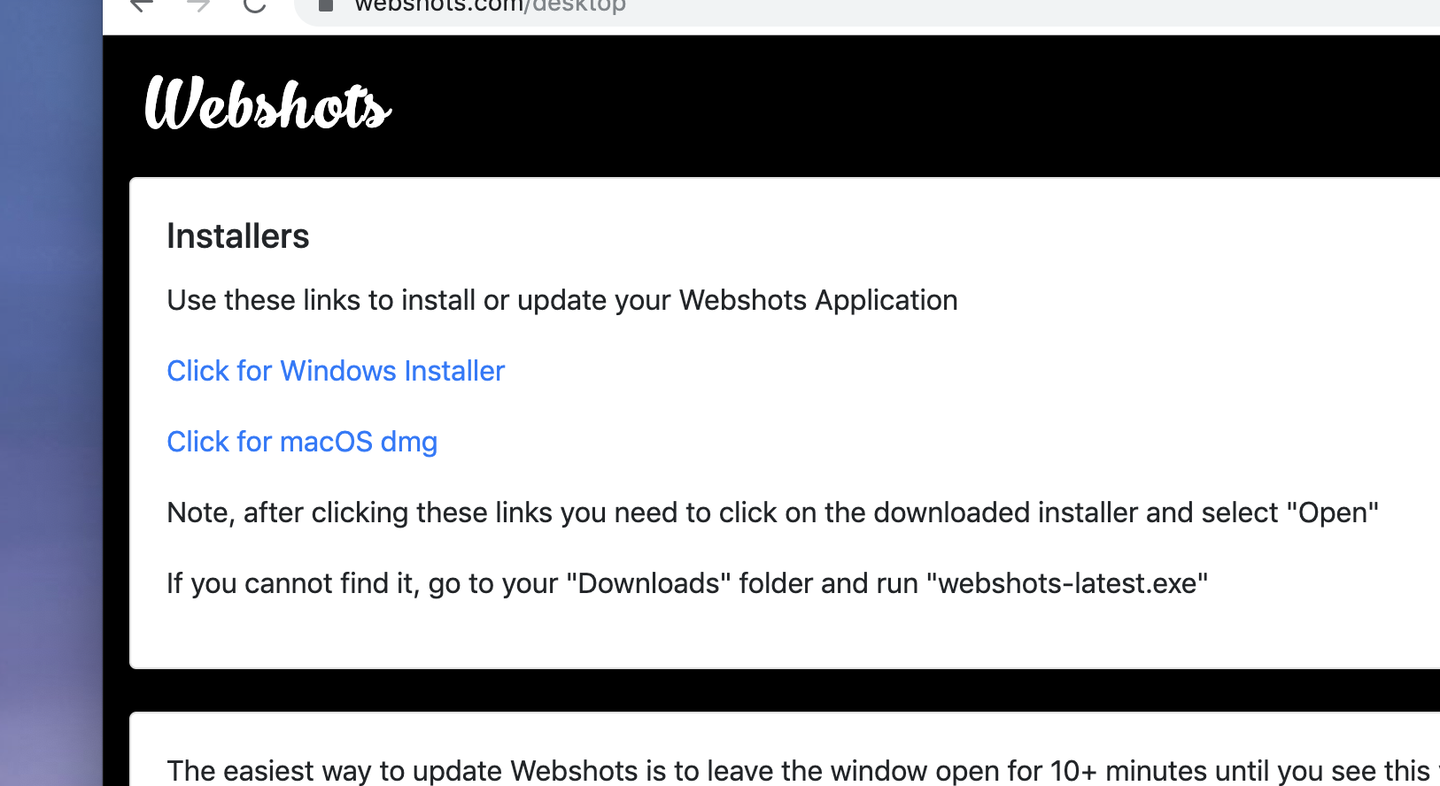 Laden Sie die neueste Version unter https://webshots.com/desktop herunter.