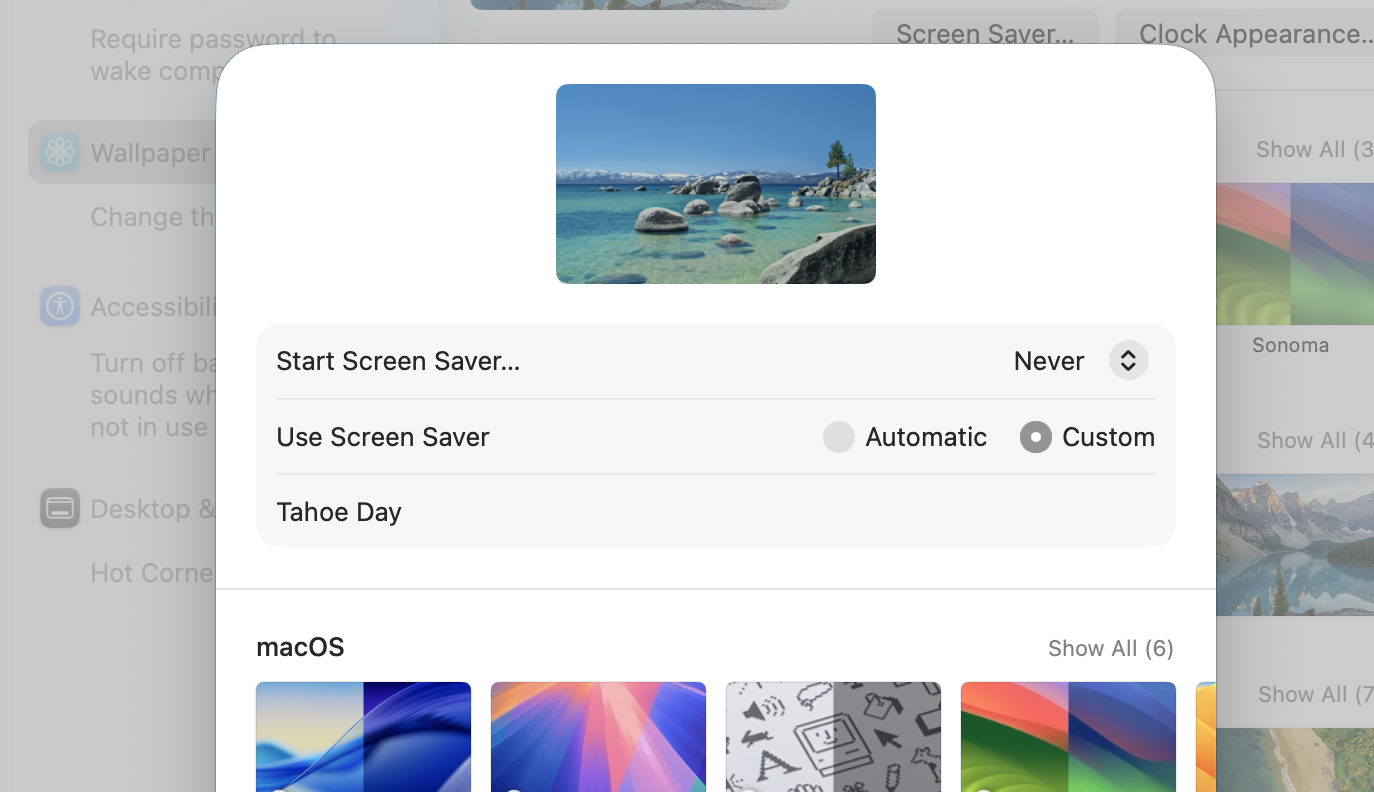 Qui "Avvia Screen Saver..." è impostato su "Mai":