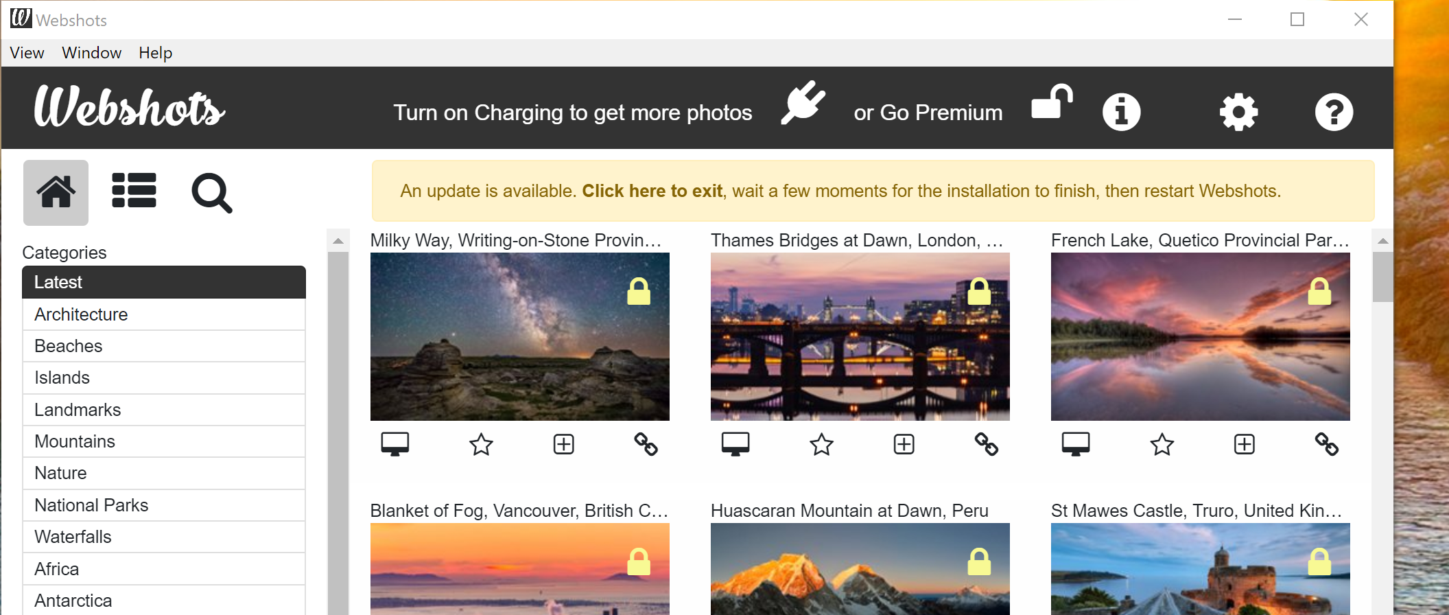 Webshots desktop wallpaper app automatic update panel